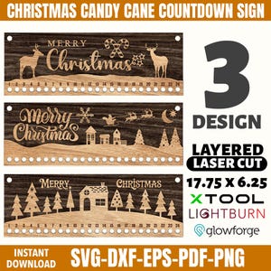 May include: Wooden Christmas countdown signs with laser-cut designs. Each sign features a countdown from 1 to 24, with festive imagery like reindeer, candy canes, and Christmas trees. The signs measure 17.75 x 6.25 inches.