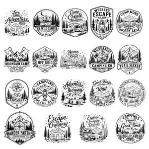 May include: A collection of nineteen black and white circular and shield-shaped emblems featuring camping themes. Each design includes detailed illustrations of mountains, pine trees, campers, tents, lanterns, and axes, accompanied by text such as Live Simple, Adventure More, Camp Create Memories, and Wander Farther.