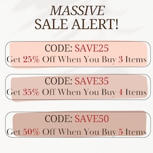 Puede incluir: Un gr&aacute;fico rosa y blanco con el texto "MASSIVE SALE ALERT!" y tres cuadros rosas con el texto "CODE: SAVE25 Obt&eacute;n un 25% de descuento al comprar 3 art&iacute;culos", "CODE: SAVE35 Obt&eacute;n un 35% de descuento al comprar 4 art&iacute;culos", y "CODE: SAVE50 Obt&eacute;n un 50% de descuento al comprar 5 art&iacute;culos".