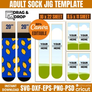 May include: A digital template for creating custom socks. The template includes two 20-inch sock designs with a lemon pattern on a blue background. The template also includes two different sizes of blank sock designs for 10 x 22 and 8.5 x 11 sheets. The text "100% Canva Editable" is included in the image.
