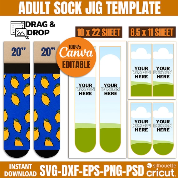 Adult Sock Jig Template: Sublimation SVG PNG PDF Canva (Digital Download)