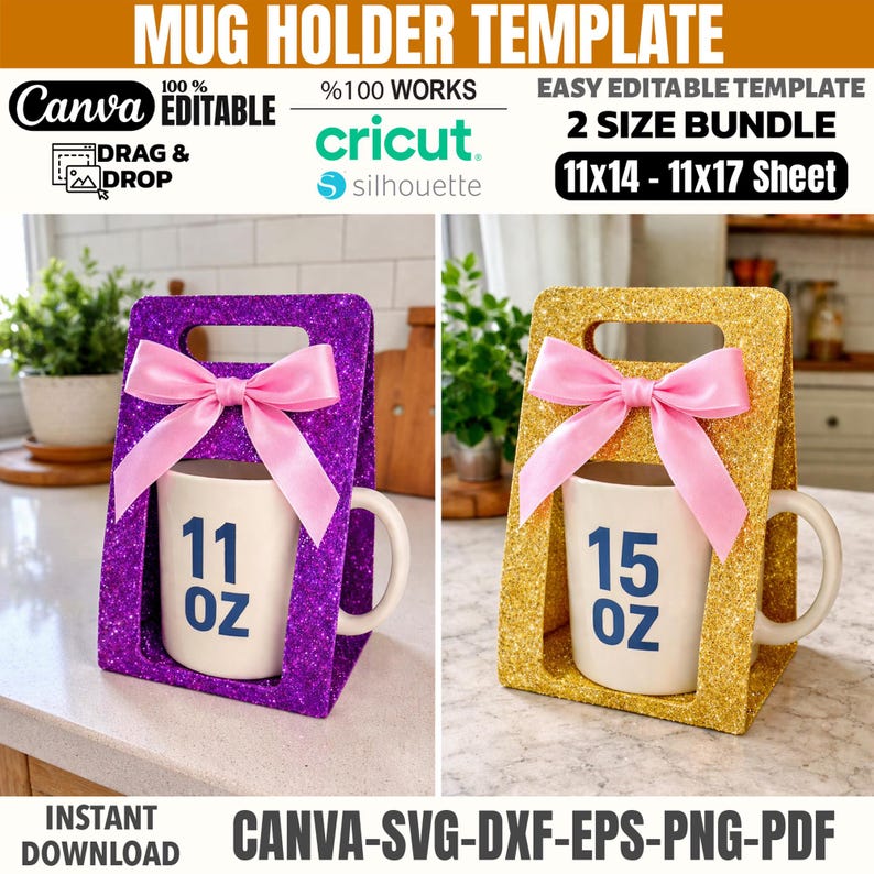 Puede incluir: Dos plantillas brillantes para sujetar tazas, una morada y otra dorada, cada una con una taza blanca con un lazo rosa. El soporte morado tiene una taza de 325 ml, y el soporte dorado tiene una taza de 444 ml. Texto: "Mug Holder Template" y "Canva Editable".