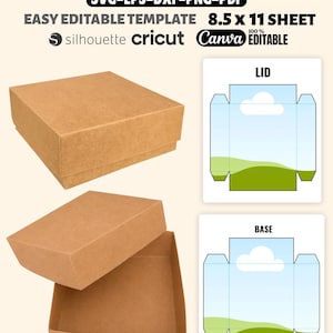 May include: A box with lid template featuring SVG, EPS, DXF, PNG, and PDF file formats for 8.5 x 11 inch sheets. The design includes a brown cardboard box shown assembled and open, alongside flat digital cut patterns for the lid and base components.