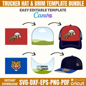 May include: A trucker hat and brim template bundle with the text "TRUCKER HAT & BRIM TEMPLATE BUNDLE" and "EASY EDITABLE TEMPLATE Canva". The image shows a red and navy blue hat with an eagle graphic and a blue hat with a tiger graphic.