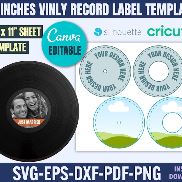 12 Inches Vinly Record Template, Vinly Record Label Template, Record Label Sticker Template, Custom Vinyl Record Template, Canva Template