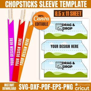 Op de afbeelding: Een printbare sjabloon voor het maken van eetstokjeshoezen. De sjabloon heeft een ontwerp met groene heuvels en een blauwe lucht. De tekst "DRAG & DROP" is opgenomen in de sjabloon. De sjabloon is ontworpen voor gebruik met Canva en is 8,5 x 11 inch.