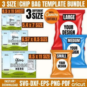 Chip Beutel Remplate Bundle, 3 Größe Chip Beutel Vorlage, Chip Beutel Etikett, Chip Beutel bearbeitbar, druckbares Gastgeschenk, Canva bearbeitbar Chip Beutel