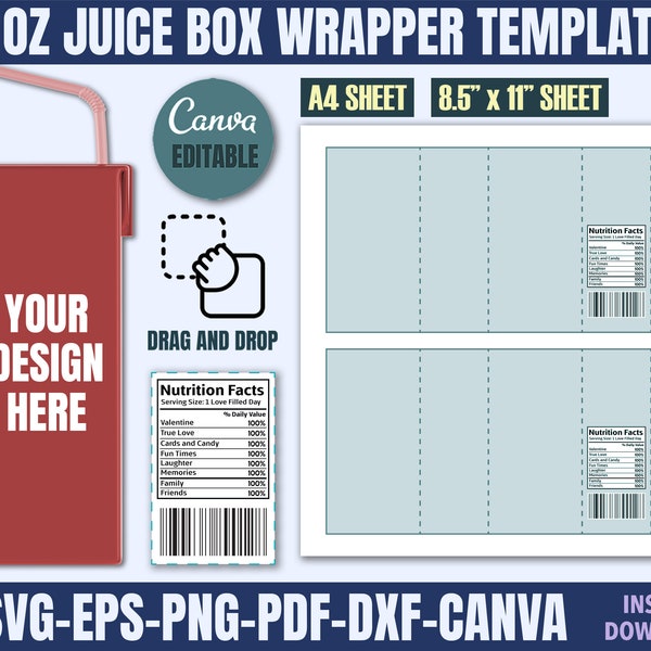 Juice Box Wrapper Template, 6 Oz Juice Box Wrap Template, Juice Box Wrapper Svg, 6 Oz Juice Box Label Svg, Juice Box Sticker, Canva Template