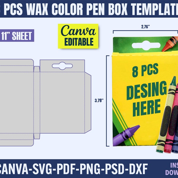 8 Pcs Wax Color Pen Box Template, Gift box, Party Favor Box, Color Pen Box Template, Birthday Party Box