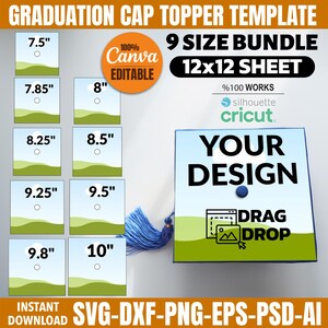 Può includere: Un modello per la decorazione del cappello di laurea con un pacchetto di 9 misure, un foglio di 30,5 cm x 30,5 cm e un design modificabile Canva. Le misure includono 19,1 cm, 19,9 cm, 20,3 cm, 21 cm, 21,6 cm, 23,5 cm, 24,1 cm, 24,9 cm e 25,4 cm. Con "Your Design" e drag and drop.