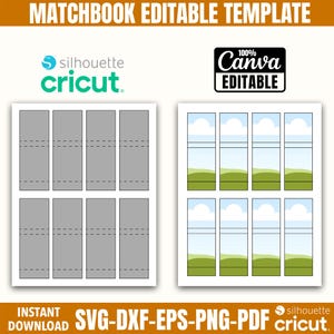 May include: A printable matchbook template with two designs. One design is gray, and the other features a landscape with green hills, blue sky, and clouds. The text "MATCHBOOK EDITABLE TEMPLATE" and "Canva EDITABLE" are visible.