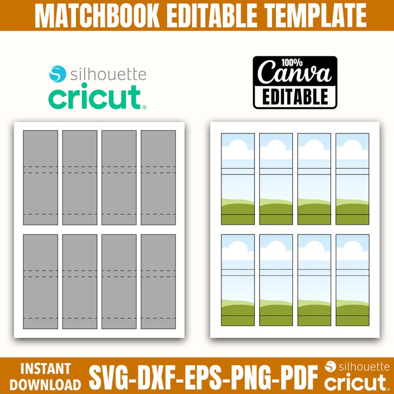 May include: A printable matchbook template with two designs. One design is gray, and the other features a landscape with green hills, blue sky, and clouds. The text "MATCHBOOK EDITABLE TEMPLATE" and "Canva EDITABLE" are visible.
