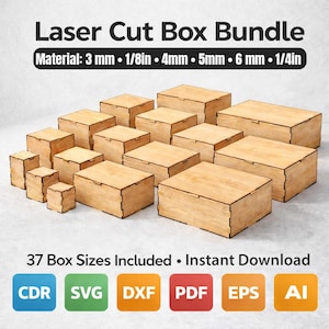 May include: A collection of laser-cut wooden boxes of various sizes, with lids. The text "Laser Cut Box Bundle" is at the top, with material thickness details in inches and millimeters. The image also includes the text "37 Box Sizes Included" and file format icons.