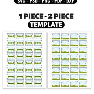 May include: A digital file tab templates bundle featuring SVG, PSD, PNG, PDF, and DXF formats. The graphic displays a 1 piece and 2 piece template layout with rows of light blue and green tab icons arranged on two white rectangular sheets.