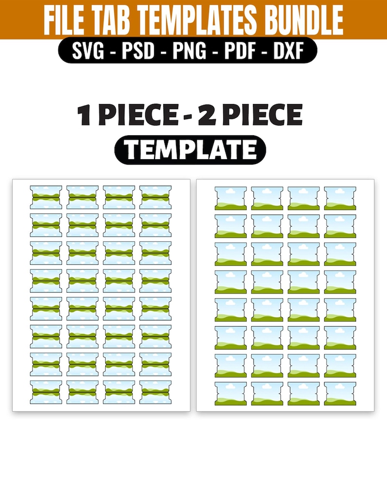 May include: A digital file tab templates bundle featuring SVG, PSD, PNG, PDF, and DXF formats. The graphic displays a 1 piece and 2 piece template layout with rows of light blue and green tab icons arranged on two white rectangular sheets.