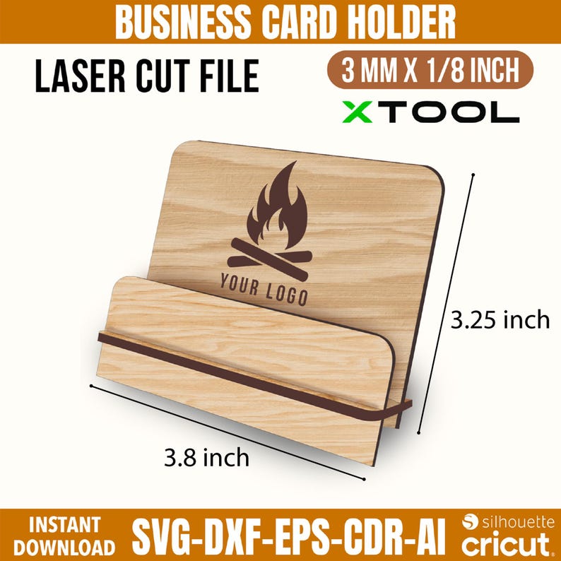 K&ouml;nnte beinhalten: Ein Visitenkartenhalter aus Holz mit Laser-Cut-Design. Der Halter zeigt ein Lagerfeuer-Logo und den Text "YOUR LOGO". Er ist 9,65 cm breit und 8,26 cm hoch. Das Design ist 3 mm x 3,18 mm. Der Text "LASER CUT FILE" ist ebenfalls enthalten.