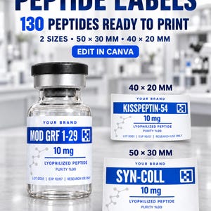 May include: A clear glass vial with a black cap and a white label reading MOD GRF 1-29, 10 mg, lyophilized peptide, purity 99%, lot 0001, exp 10/07, research use only. Two additional rectangular labels are shown with dimensions 50 x 30 mm and 40 x 20 mm.