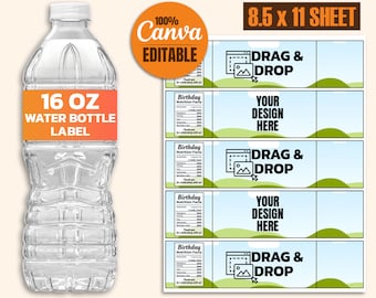 Bundel met etiketsjabloon voor 16 oz waterfles: Canva DIY (digitale download)