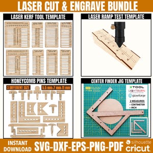 Laser Cut Engraved Template Bundle, Honeycomb Pin Svg, Laser Cut Ramp Test File, Laser Kerf Tool Svg, Center Finder Cut File, xtool File
