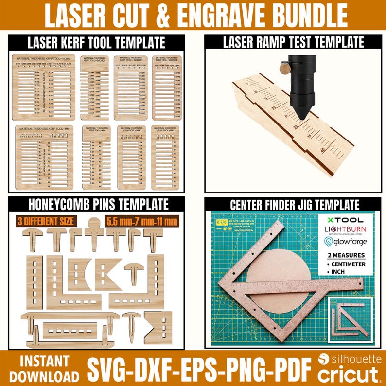 Laser Cut Engraved Template Bundle, Honeycomb Pin Svg, Laser Cut Ramp Test File, Laser Kerf Tool Svg, Center Finder Cut File, xtool File