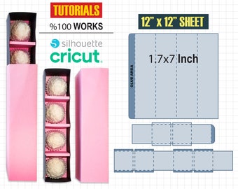 May include: A pink candy box template SVG file for Silhouette and Cricut machines. The template includes a 12x12 inch sheet with a 1.7x7 inch box design. The template is for a box with four compartments to hold candy.