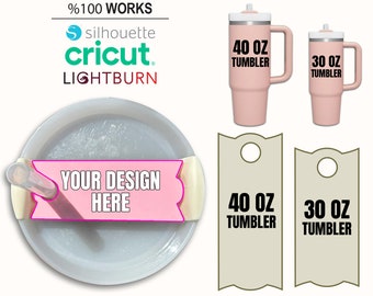 May include: A digital design template for a tumbler name plate. The template includes two sizes, 40 oz and 30 oz, and features a place to add a personalized design. The template is compatible with Silhouette, Cricut, and Lightburn software.