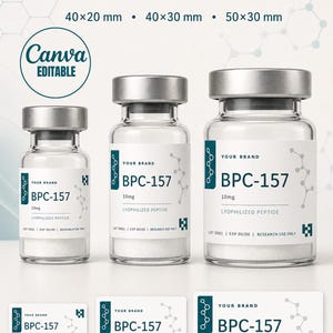 May include: Three clear glass vials with silver caps and white labels, each labeled BPC-157 10mg Lyophilized Peptide, alongside three matching rectangular adhesive labels. Text includes PEPTIDE LABELS, 3 Sizes Included, 40x20 mm, 40x30 mm, 50x30 mm.