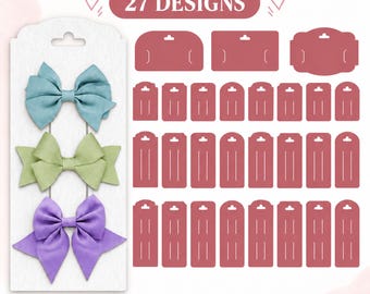 May include: A digital collection of 27 hair bow display card templates in various shapes and sizes. The image features text reading HAIR BOW DISPLAY CARD TEMPLATES, 27 DESIGNS, SVG, PNG, EPS, PDF, DXF, For Cricut & Silhouette, INSTANT DOWNLOAD DIGITAL FILES ONLY.