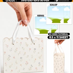 Könnte beinhalten: Ein Geschenktüten-Vorlagenpaket mit einer geblümten Papiertüte und weißen Bandgriffen. Enthält digitale Dateien für Cricut und Silhouette, ein Design mit Wellenkante, ein normales Design sowie ein Video-Tutorial für 21,6 x 27,9 cm große Blätter.