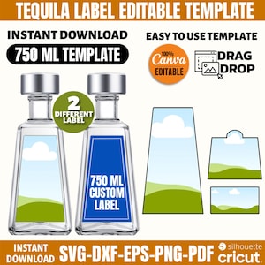 Tequila Label Template, Tequila Label Editable Canva Template, 1800 Template for 750ml Bottle, Canva Drag and Drop, Cricut Silhouette File