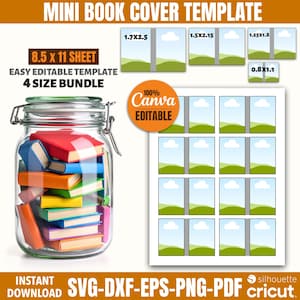 May include: A digital template for mini book covers. The image shows a glass jar filled with colorful miniature books, alongside a sheet with cover templates in various sizes. Text includes "Mini Book Cover Template", "Easy Editable Template", and "Canva Editable".