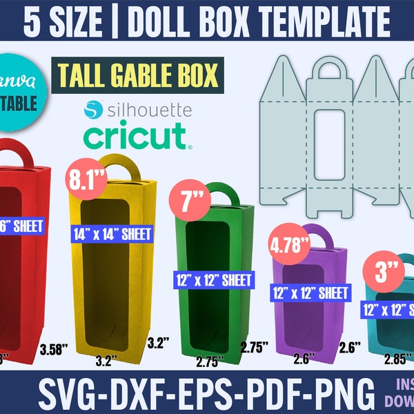 Paquete de plantillas de caja alta, plantilla de caja de muñecas, caja de ventana svg, caja de favor de fiesta, plantilla de caja alta a dos aguas, caja de regalo svg, plantilla de caja cricut