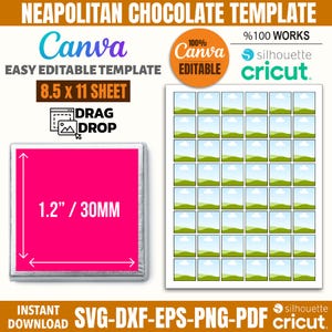 May include: A Neapolitan chocolate template with the Canva logo and the text "Easy Editable Template". The template includes a pink chocolate bar graphic with dimensions of 30mm. The template is an 8.5 x 11 sheet and is compatible with Cricut.