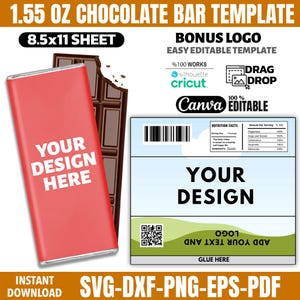 May include: A red chocolate bar wrapper with the text "YOUR DESIGN HERE" is displayed next to a partially eaten chocolate bar. The image also shows a template for a chocolate bar label with editable fields and the text "YOUR DESIGN".