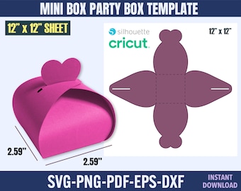Può includere: Un modello di mini scatola per feste rosa con chiusura a forma di cuore. La scatola misura 6,58 cm di lunghezza e larghezza. Il modello è per un foglio di 30,48 cm x 30,48 cm ed è compatibile con le macchine Cricut e Silhouette. I formati di file includono SVG, PNG, PDF, EPS e DXF.