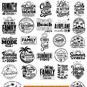 Op de afbeelding: Een verzameling zwart-wit grafische ontwerpen met de tekst Family Vacation SVG Bundle. De ontwerpen bevatten diverse typografieën en illustraties van palmbomen, zonnen, vliegtuigen en strandelementen voor vakantieprojecten.