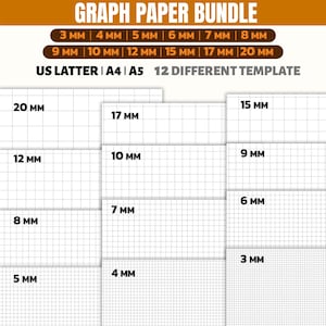 Peut inclure: Un ensemble de papier quadrillé avec 12 modèles différents, comprenant les formats US Letter, A4 et A5. Les tailles de grille varient de 3 mm à 20 mm. Le texte "GRAPH PAPER BUNDLE" est en haut.