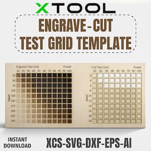 May include: A wooden test grid template for engraving and cutting, featuring a grid pattern with varying shades of brown. The template includes text that reads "ENGRAVE-CUT TEST GRID TEMPLATE" and "INSTANT DOWNLOAD". The template is designed for laser cutting.