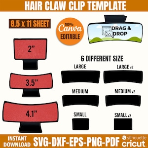 May include: A digital template for creating hair claw clips in six different sizes. The template includes a large, medium, and small size, as well as a version 2 of each size. The template is editable in Canva and can be used to create hair claw clips in a variety of colors and designs.