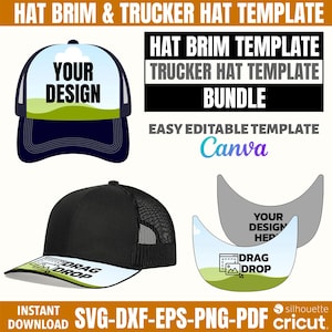 May include: A digital template for a trucker hat and hat brim. The template is editable in Canva and includes a black and white mesh trucker hat with a black brim and a grey hat brim. The text "YOUR DESIGN" is on both templates.