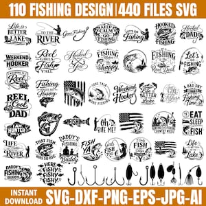 Puede incluir: Una colección de 110 diseños de pesca en formato SVG. Los diseños incluyen varias citas e ilustraciones relacionadas con la pesca, como anzuelos, peces y frases como "Gone Fishing" y "Reel Cool Dad."