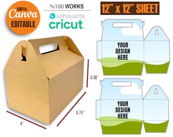 May include: A brown gable box template for a 12 inch by 12 inch sheet of paper. The box is 4 inches wide, 6.75 inches tall, and 3.38 inches deep. The template includes a handle and a flap for closing the box. The text "YOUR DESIGN HERE" is printed on the front of the box. The template is compatible with Canva, Silhouette, and Cricut.