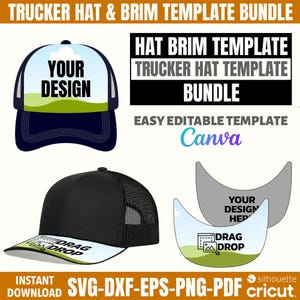 May include: A bundle of trucker hat and brim templates. The image shows a black trucker hat with a white brim, and a blue and white trucker hat with the text "YOUR DESIGN". The text "HAT BRIM TEMPLATE, TRUCKER HAT TEMPLATE, BUNDLE" is also visible.