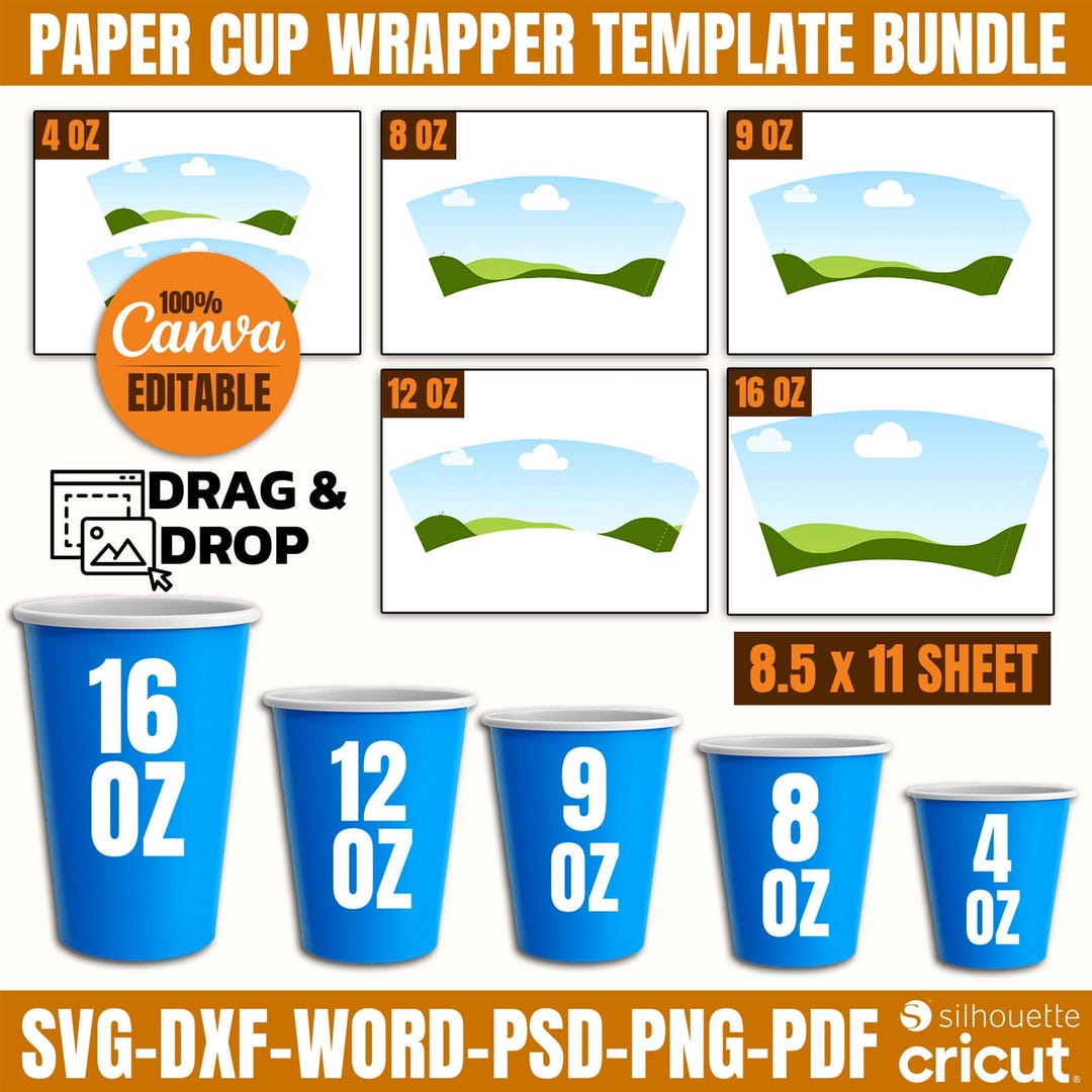 Canva Editable Paper Cups Wrap Template Bundle, Paper Cup Wrapper SVG ...