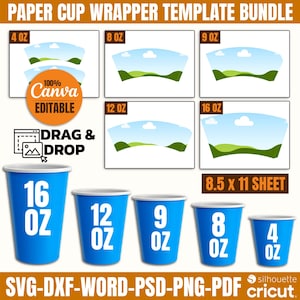 Canva Editable Paper Cups Wrap Template Bundle, Paper Cup Wrapper SVG, Paper Coffee Cup Template, Cricut Cut File, Sİlhouette Cut File