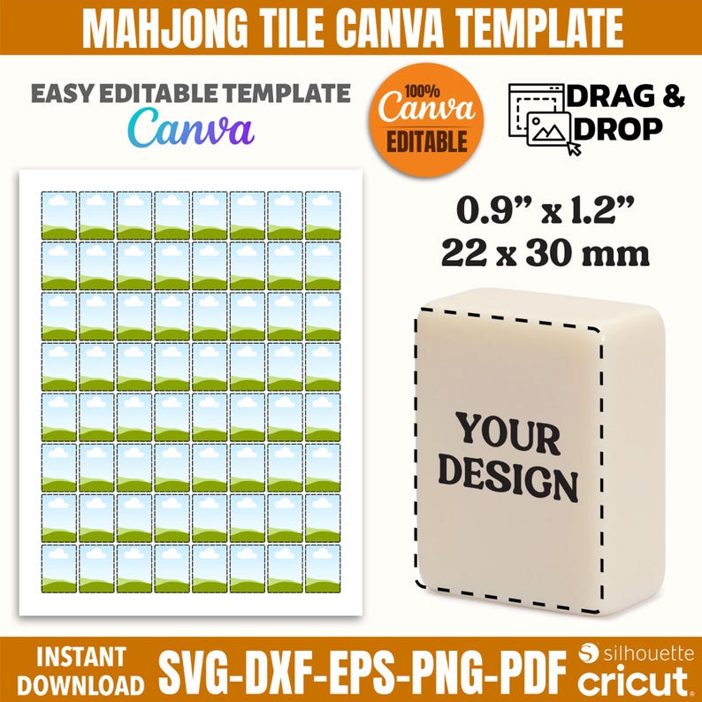 May include: A Mahjong tile Canva template with the text "Easy Editable Template Canva". The image includes a template with 48 small landscape images and a single Mahjong tile that is 0.9" x 1.2". The tile has the text "YOUR DESIGN".
