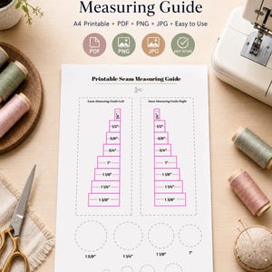 May include: A printable seam measuring guide on white paper featuring two columns of rectangles labeled from 1/4 inch to 1 3/8 inches, and rows of circles labeled from 1/4 inch to 1 3/8 inches, with the text Printable Seam Measuring Guide.