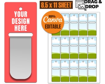 May include: A printable sheet of 8.5 x 11 inch magnetic bookmark holders. The design features a green grassy hill with a blue sky and white clouds. The sheet is 100% Canva editable and includes a drag and drop feature. The text "DRAG & DROP" is visible in the top right corner of the sheet. The text "YOUR DESIGN HERE" is visible in the top left corner of the sheet. The text "100% Canva EDITABLE" is visible in the center of the sheet. The text "8.5 x 11 SHEET" is visible in the top center of the sheet. The text "MAGNETIC BOOKMARK HOLDER" is visible in the top center of the sheet. The text "INSTANT DOWNLOAD SVG-DXF-PDF-EPS-PNG silhouette cricut." is visible in the bottom center of the sheet.