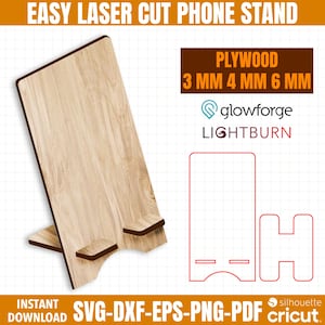 Supporto per telefono con taglio laser facile, file SVG per supporto per telefono con taglio laser, file SVG per supporto per telefono con taglio laser, supporto per telefono in compensato da 3 mm-4 mm-6 mm, glowforge