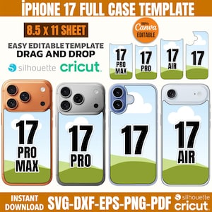 Puede incluir: Una plantilla de funda completa para iPhone 17 con cuatro diseños diferentes. Los diseños incluyen el texto "17 Pro Max", "17 Pro" y "17 Air". La plantilla es una hoja de 8,5 x 11 pulgadas y es fácil de editar.